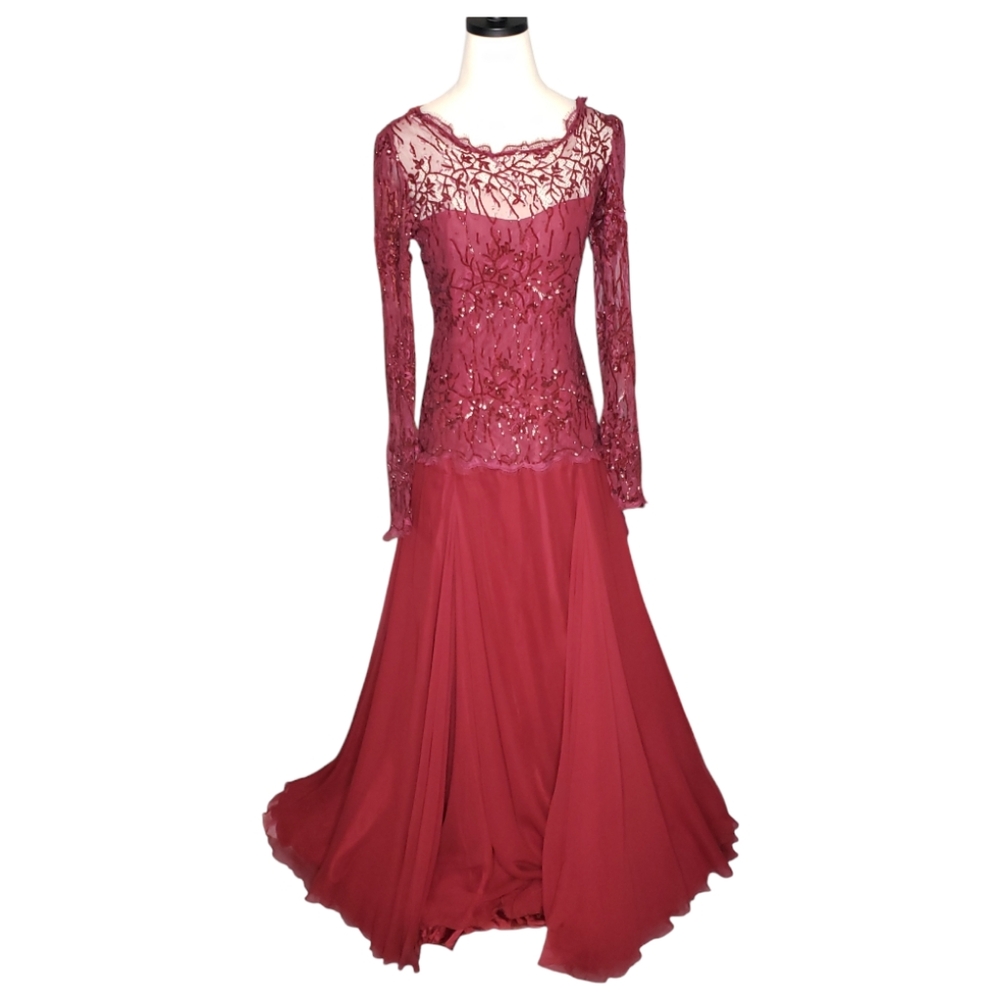 Vtg Pillar Rossi Designer Ball Gown Scarlet Silk Chiffon Lace Sequin Formal Gown